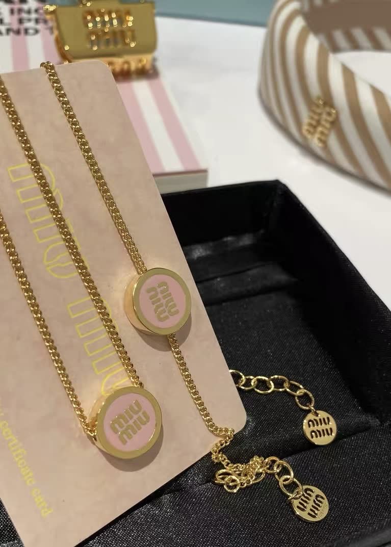 Miu Miu Gold Tone Chain Necklace with Pink Enamel Discs
